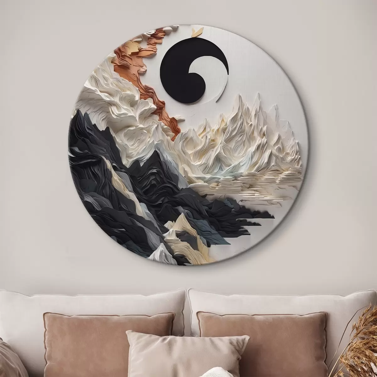 Tableaux rondes Paysage abstrait avec des montagnes dans un style papier r45482