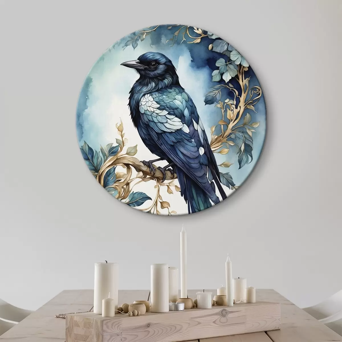 Tableaux rondes Oiseau bleu sur une branche avec des feuilles de style aquarelle r45483