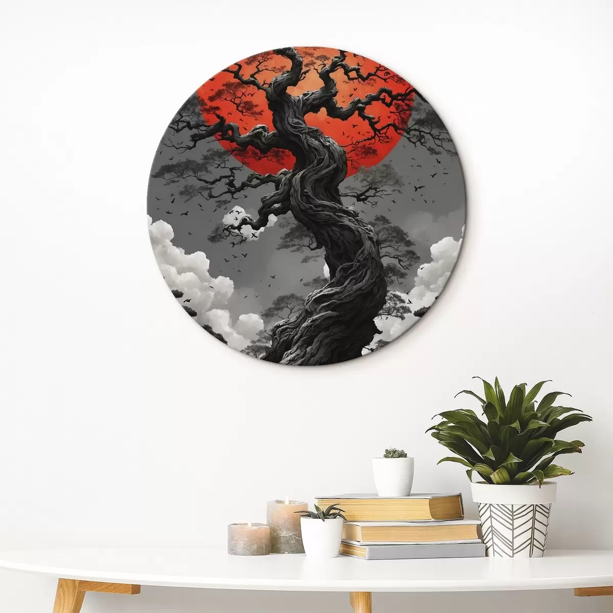 Tableaux rondes Arbre et soleil rouge r45485