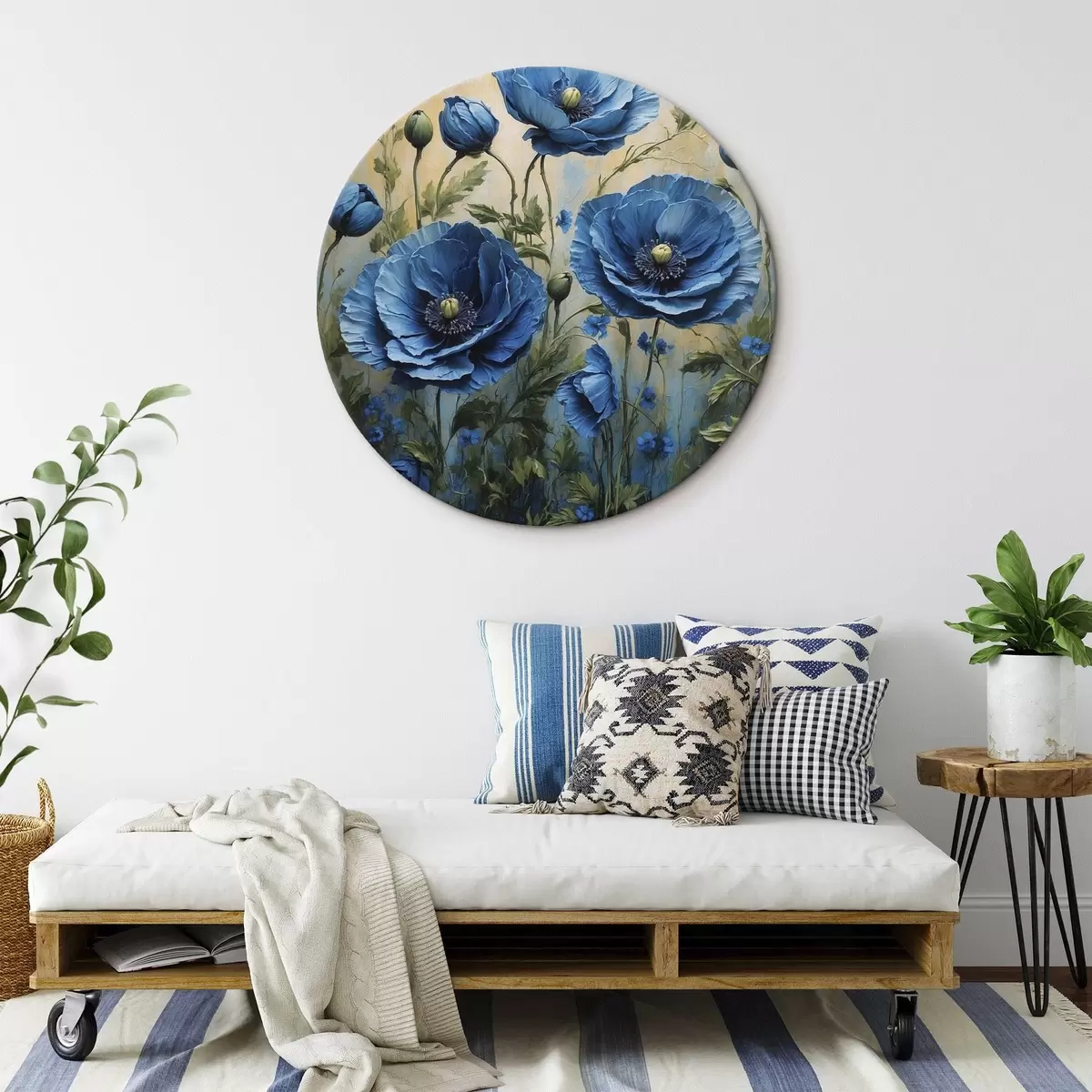 Tableaux rondes Grands coquelicots bleus avec bourgeons sur fond clair r45488