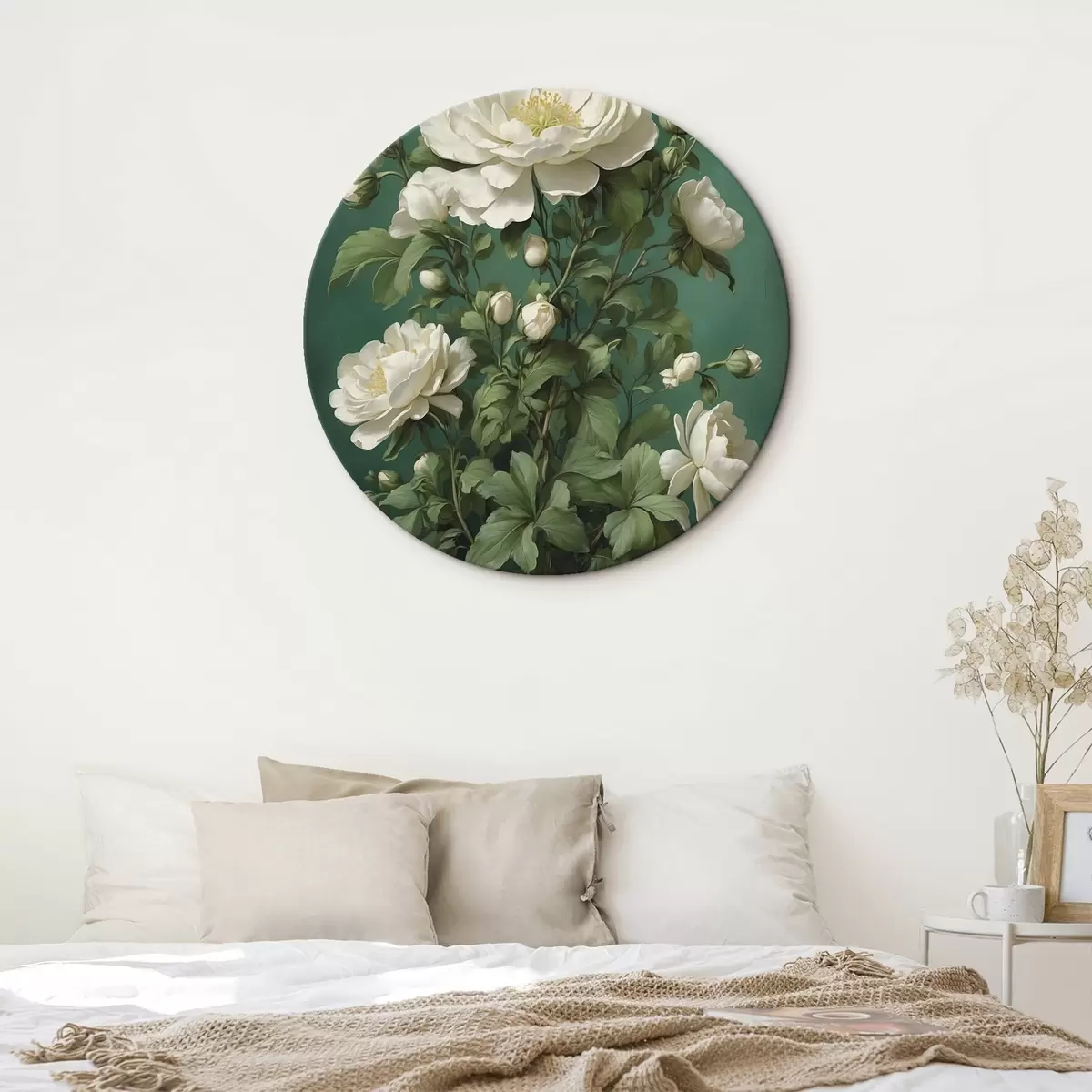 Tableaux rondes Fleurs de pivoine crème sur fond vert r45491