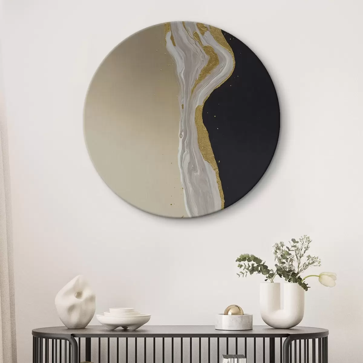 Tableaux rondes Fleurs de pivoine crème sur fond vert r45494