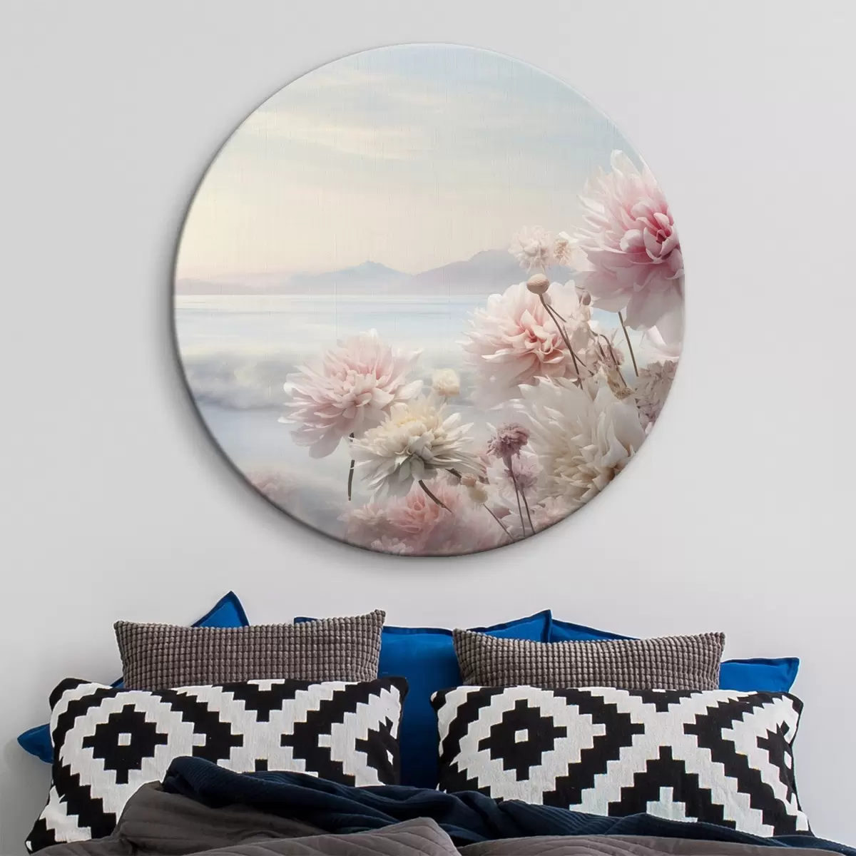 Tableaux rondes Fleurs roses délicates au bord de la mer à l'aube r45496