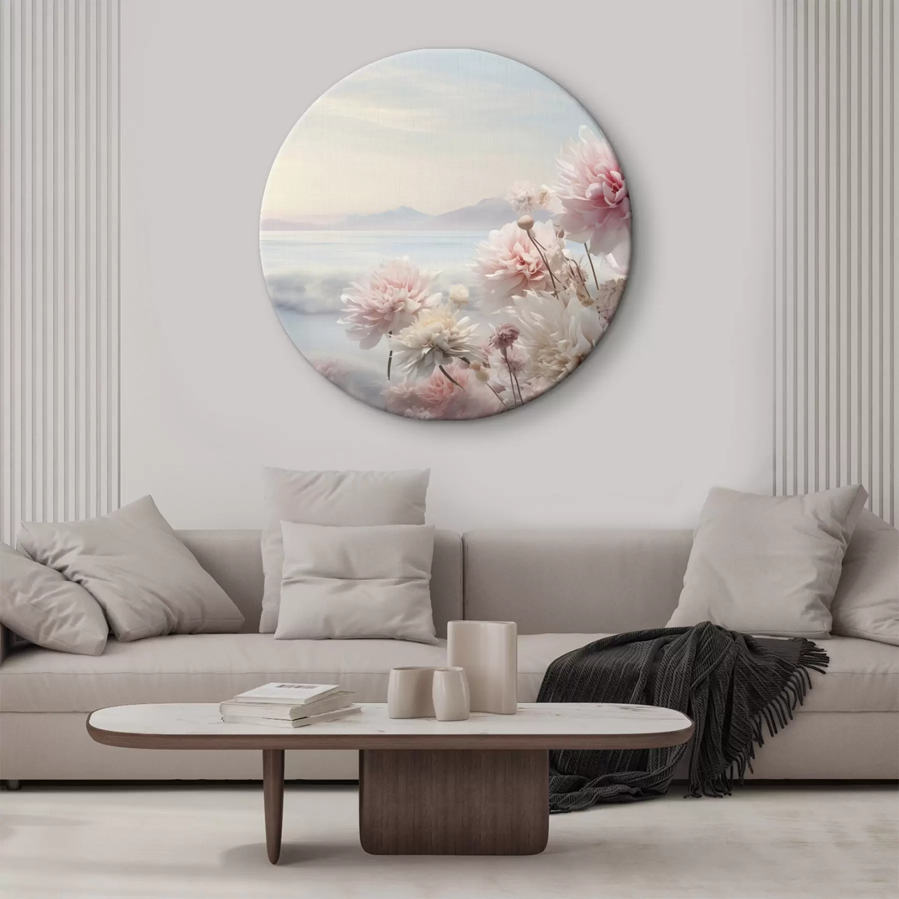 Tableau Fleurs roses délicates au bord de la mer à l'aube r45496