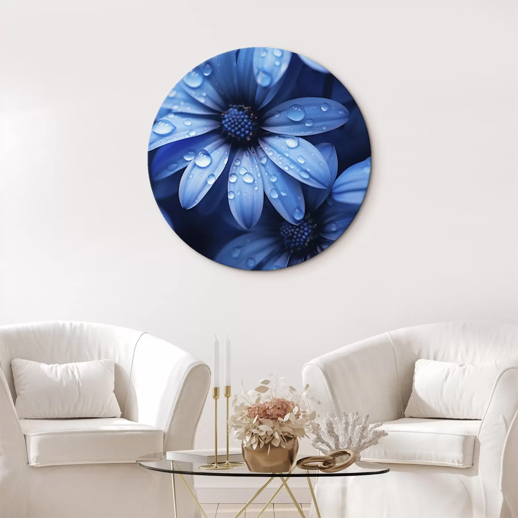 Tableau Fleur bleue avec des gouttes d'eau sur ses pétales r45499