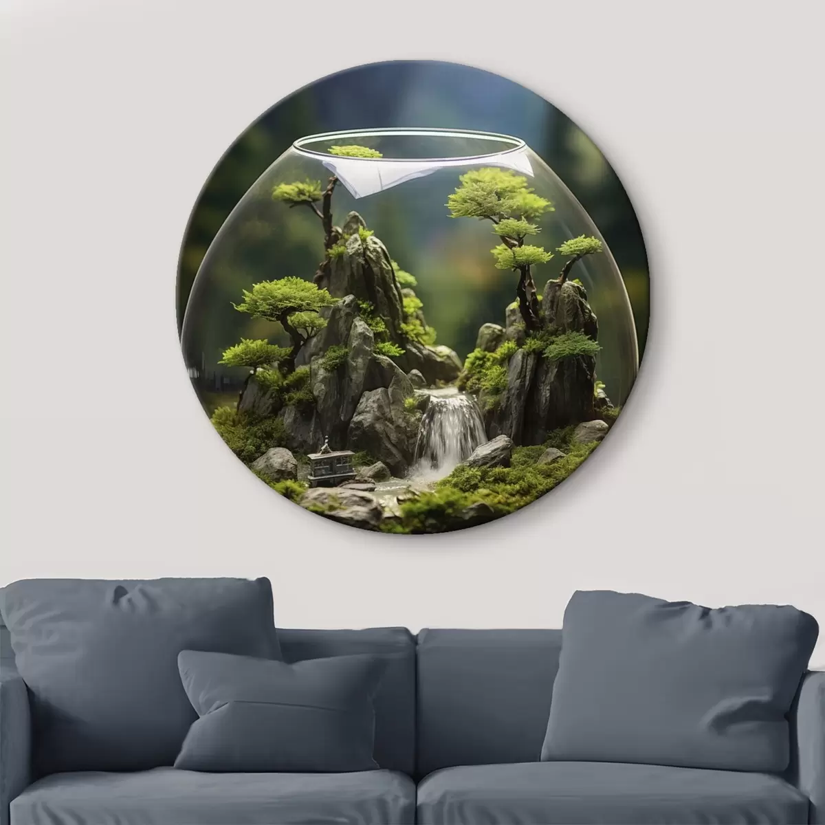 Tableaux rondes Fleur bleue avec des gouttes d'eau sur ses pétales r45502