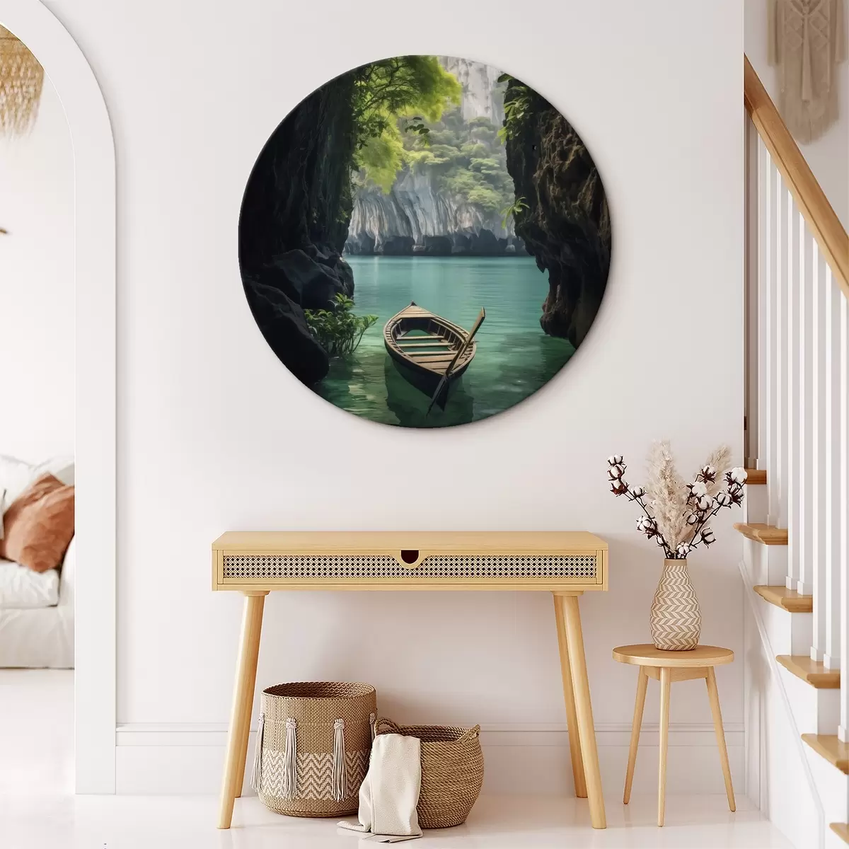 Tableaux rondes Un arbre solitaire au bord d'un lac sous un ciel rose r45507