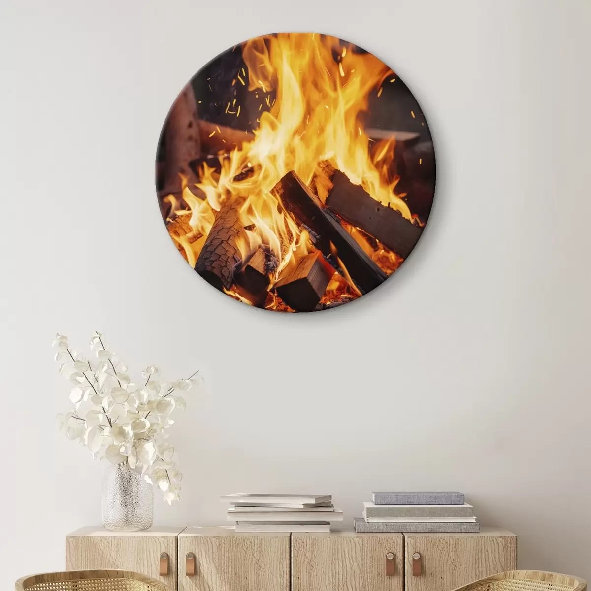 Tableaux rondes Feu de bois ardent r45514