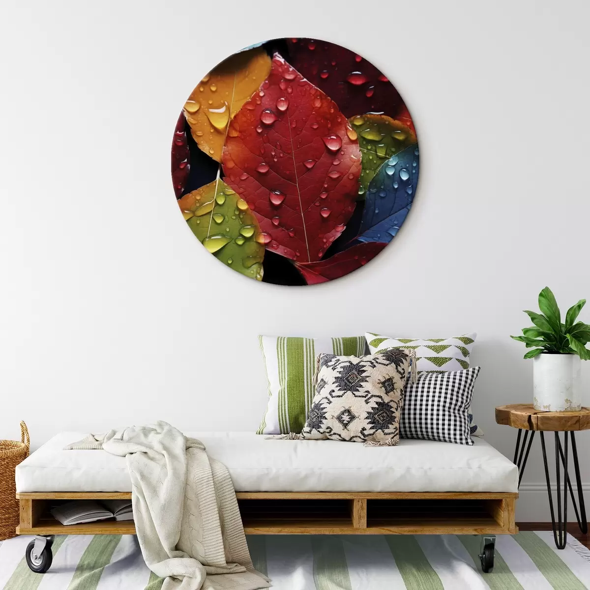 Tableaux rondes Feuilles colorées avec des gouttes d'eau r45516
