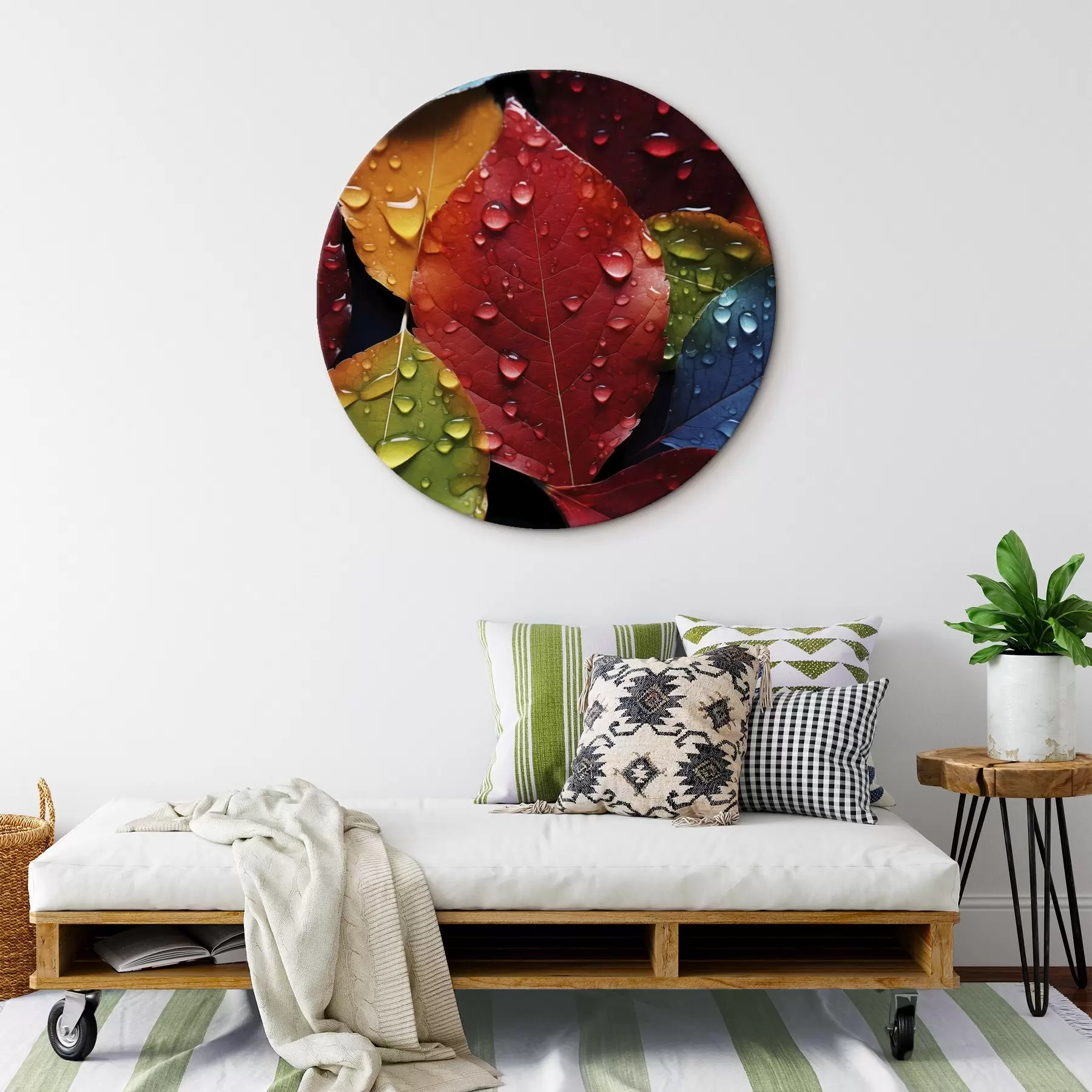 Tableau Feuilles colorées avec des gouttes d'eau r45516