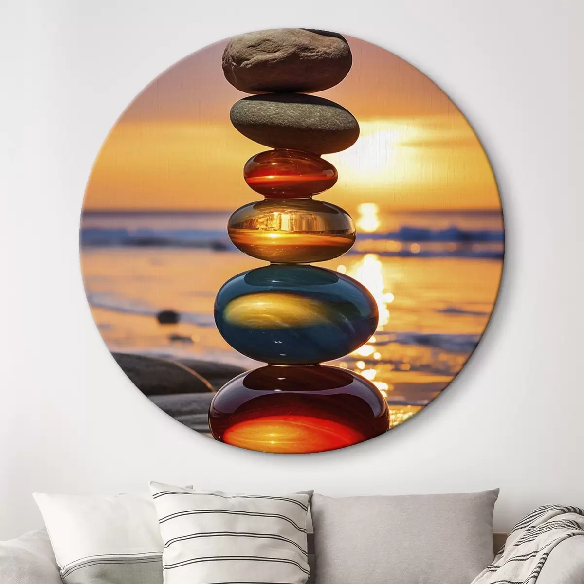 Tableaux rondes Pierres empilées sur fond de coucher de soleil r45520