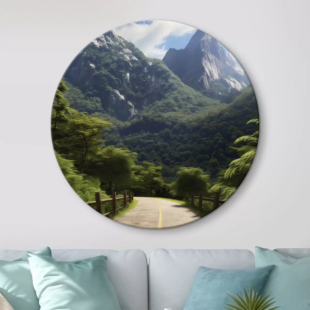 Tableaux rondes Route de montagne parmi les arbres verts r45525