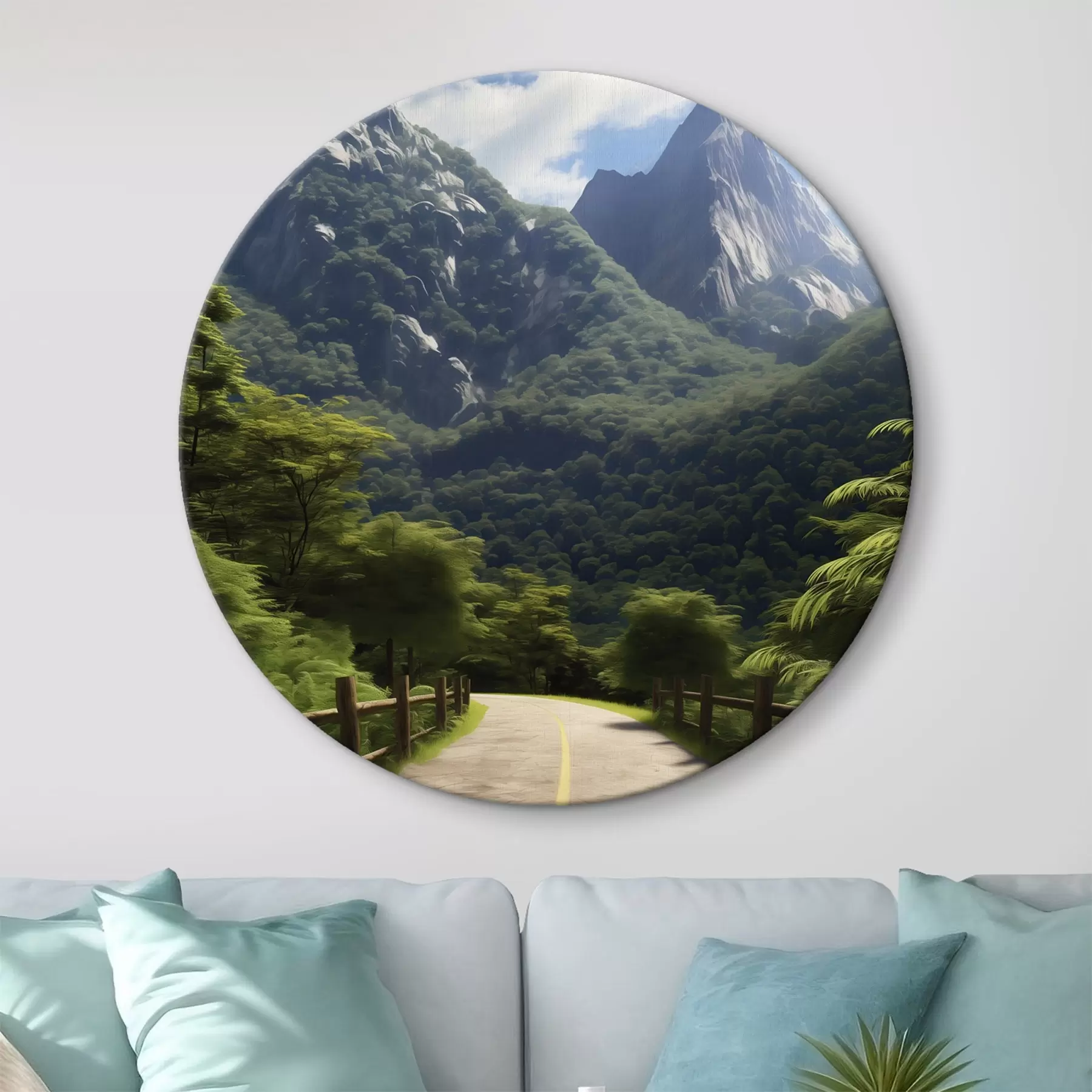 Tableau Route de montagne parmi les arbres verts r45525