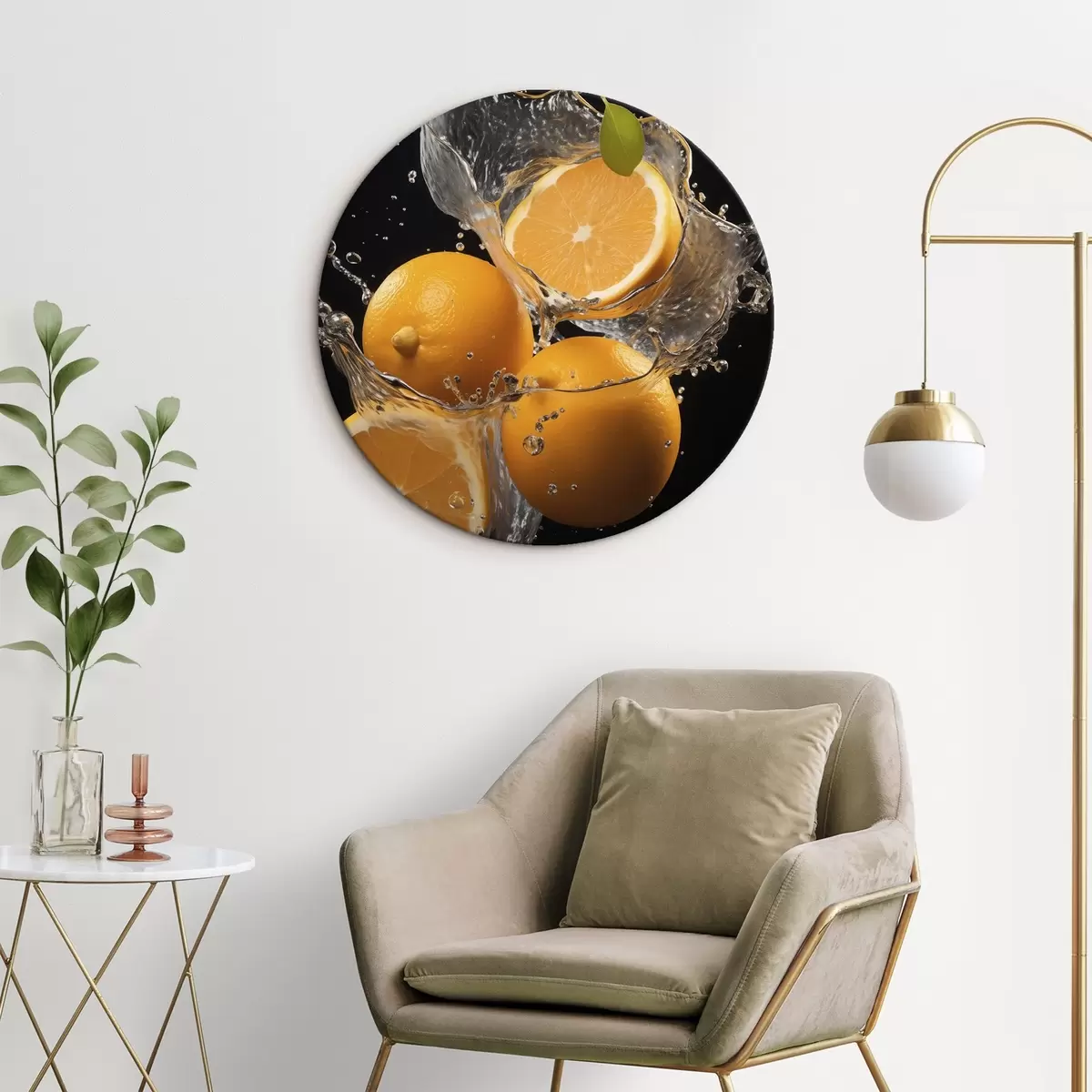 Tableaux rondes Des oranges juteuses dans des éclaboussures d'eau r45526