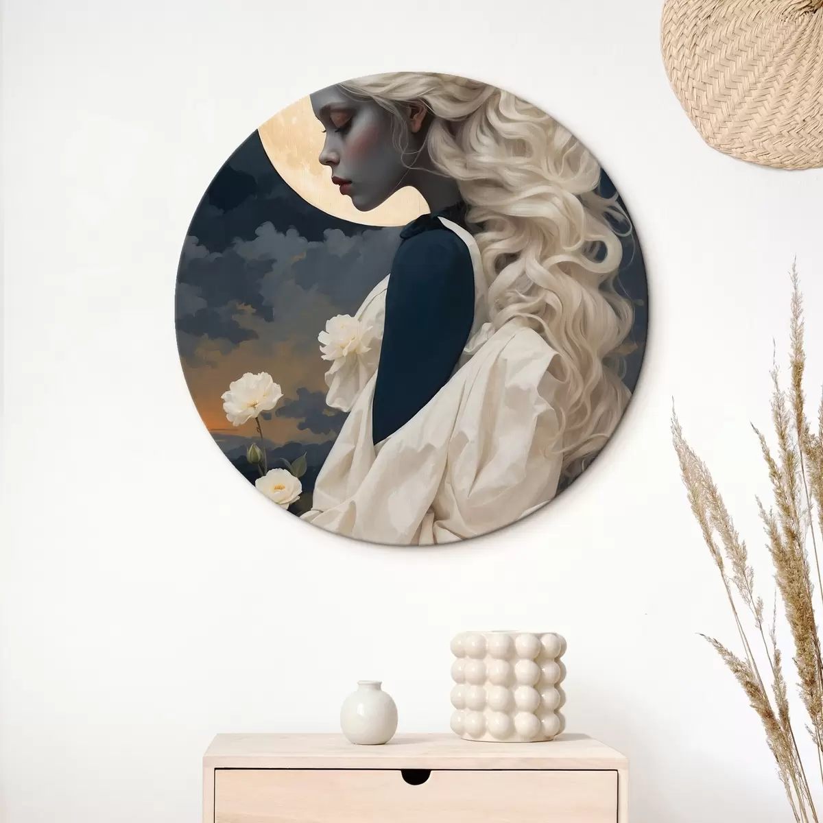 Tableaux rondes Femme aux cheveux blancs sous la lune r45622