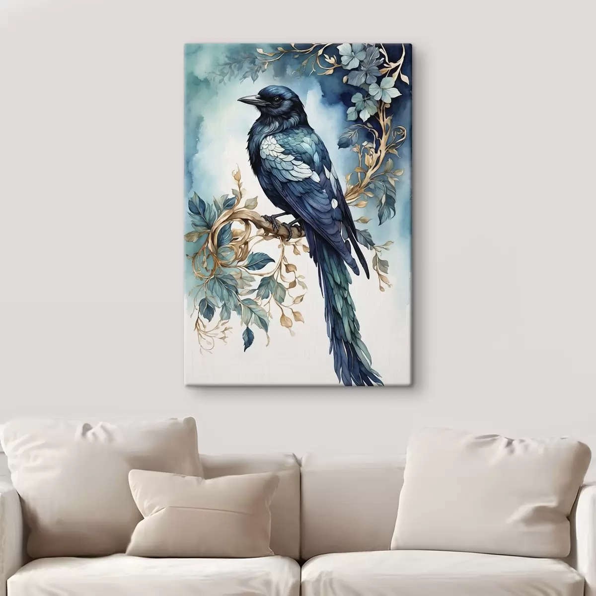 Tableau Oiseau bleu sur une branche avec des feuilles de style aquarelle s45483