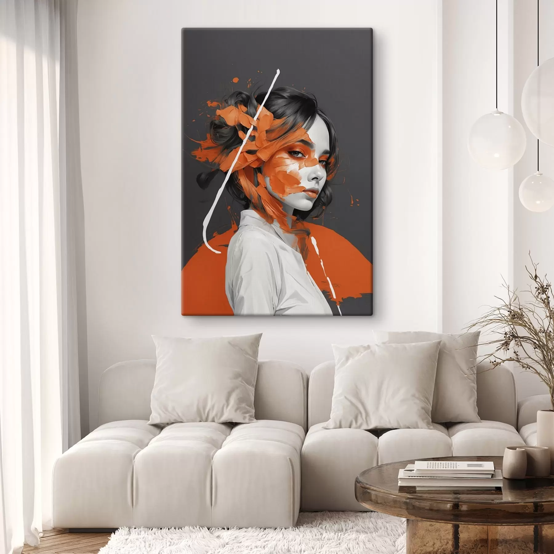 Tableau Portrait d'une femme avec des coups de pinceau orange s45489