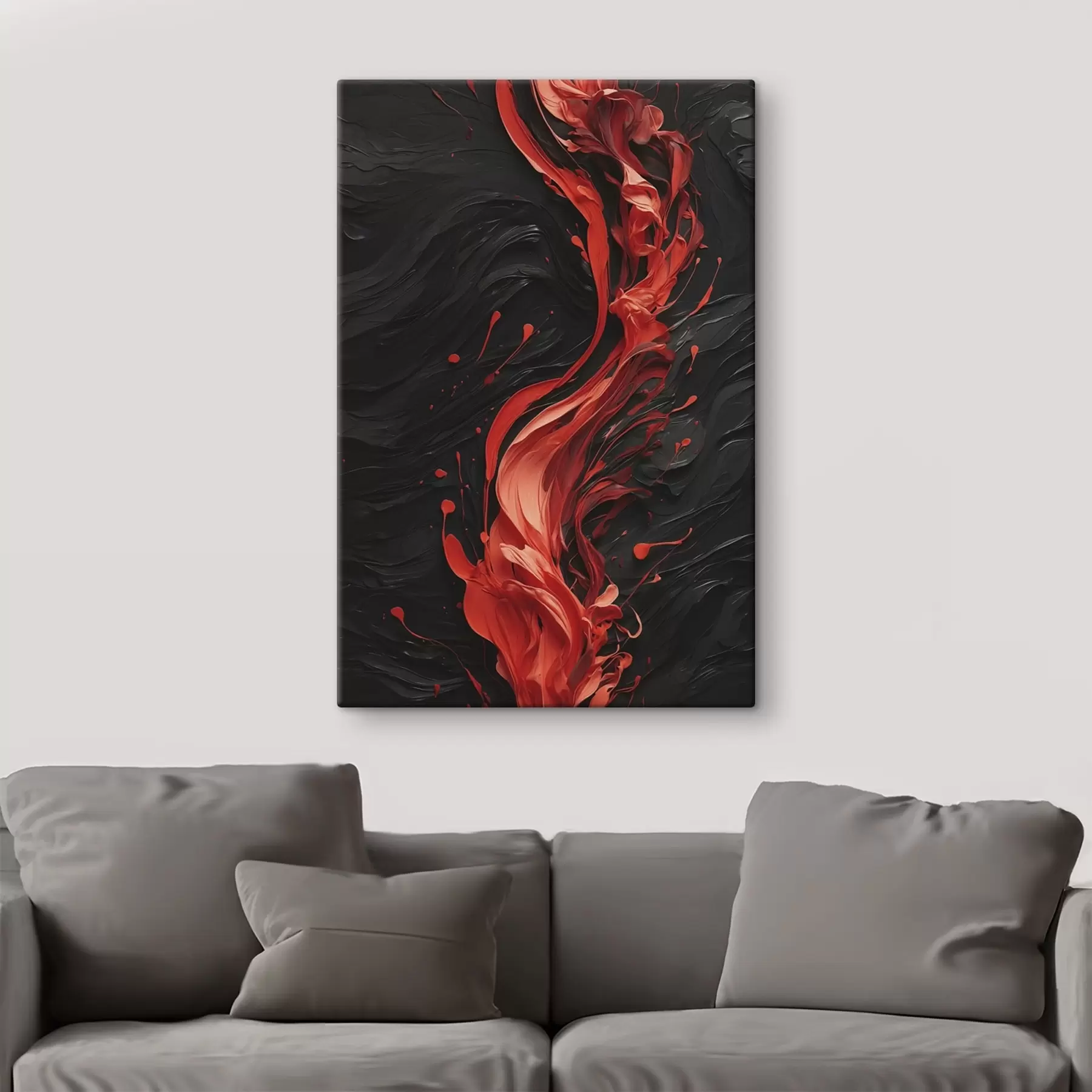 Tableau Abstrait avec coups de pinceau rouges sur fond noir s45490