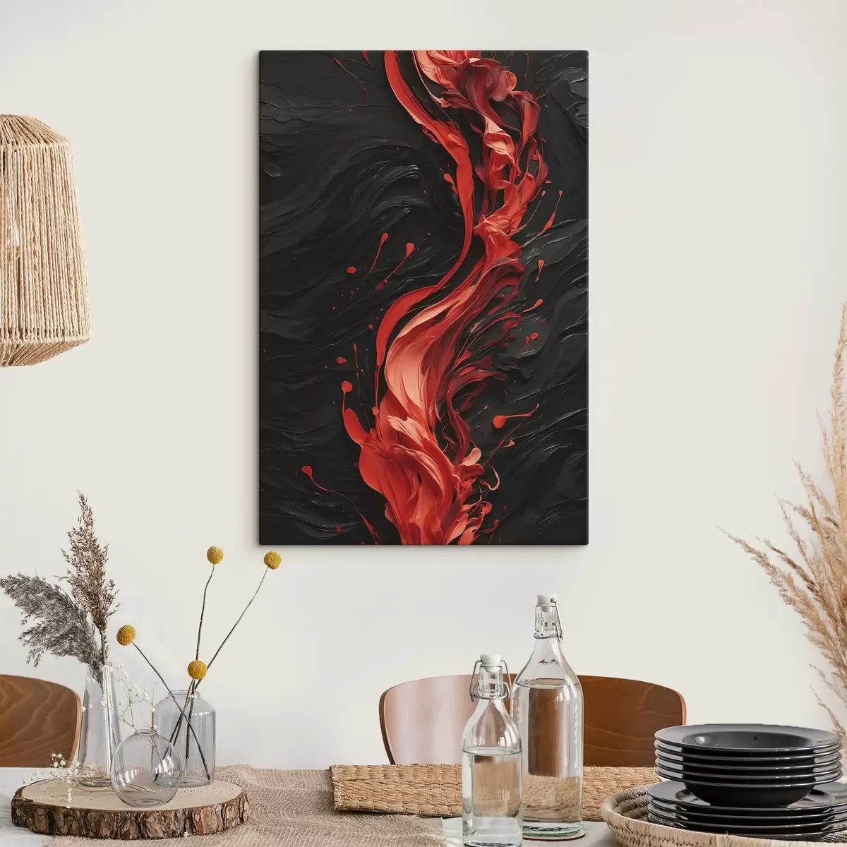Tableau Abstrait avec coups de pinceau rouges sur fond noir s45490