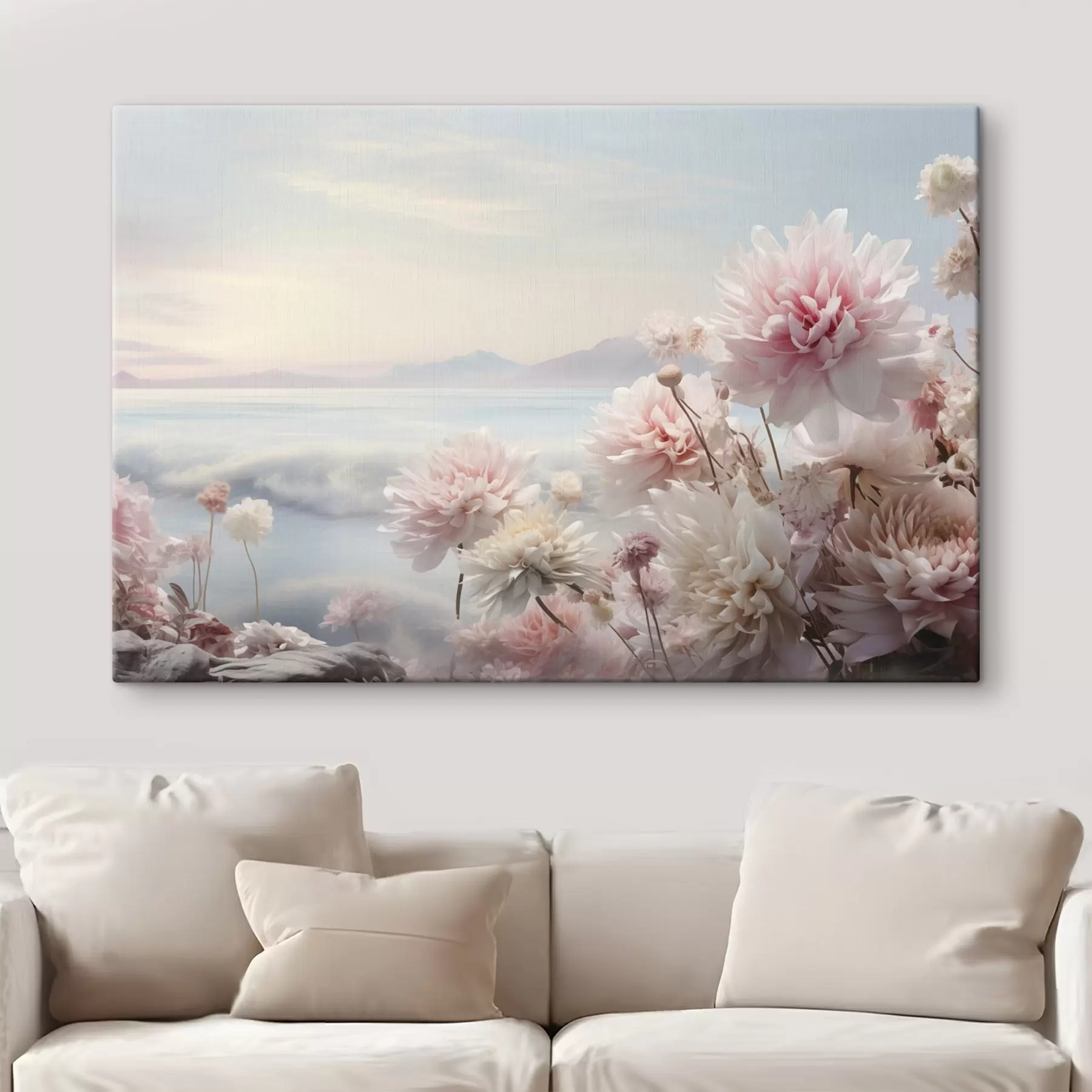 Tableau Fleurs roses délicates au bord de la mer à l'aube s45496