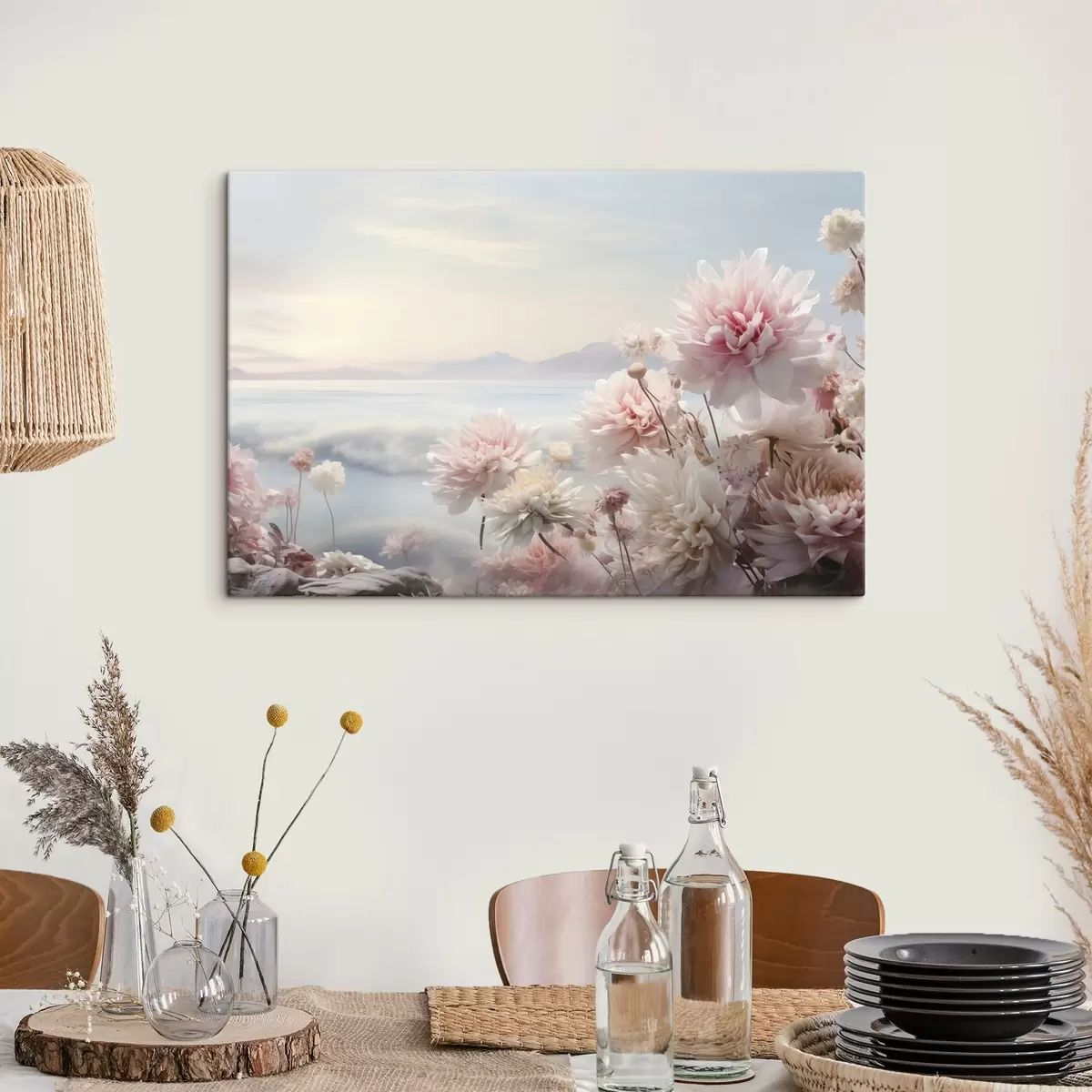 Tableau Fleurs roses délicates au bord de la mer à l'aube s45496