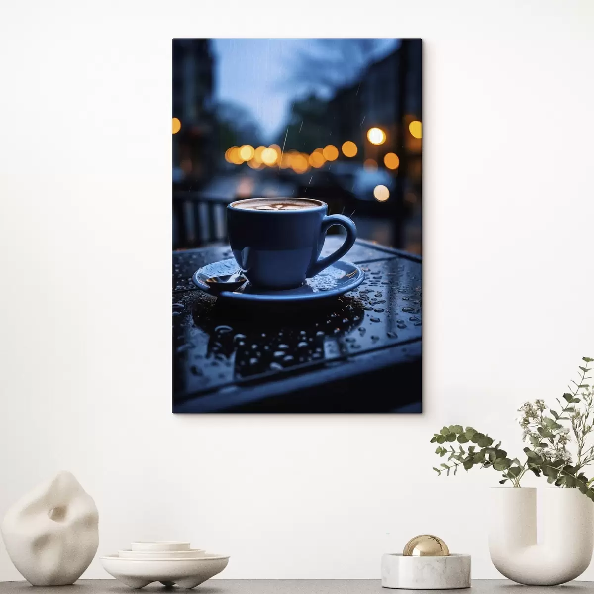 Tableau Une tasse de café sur la table sous la pluie s45497
