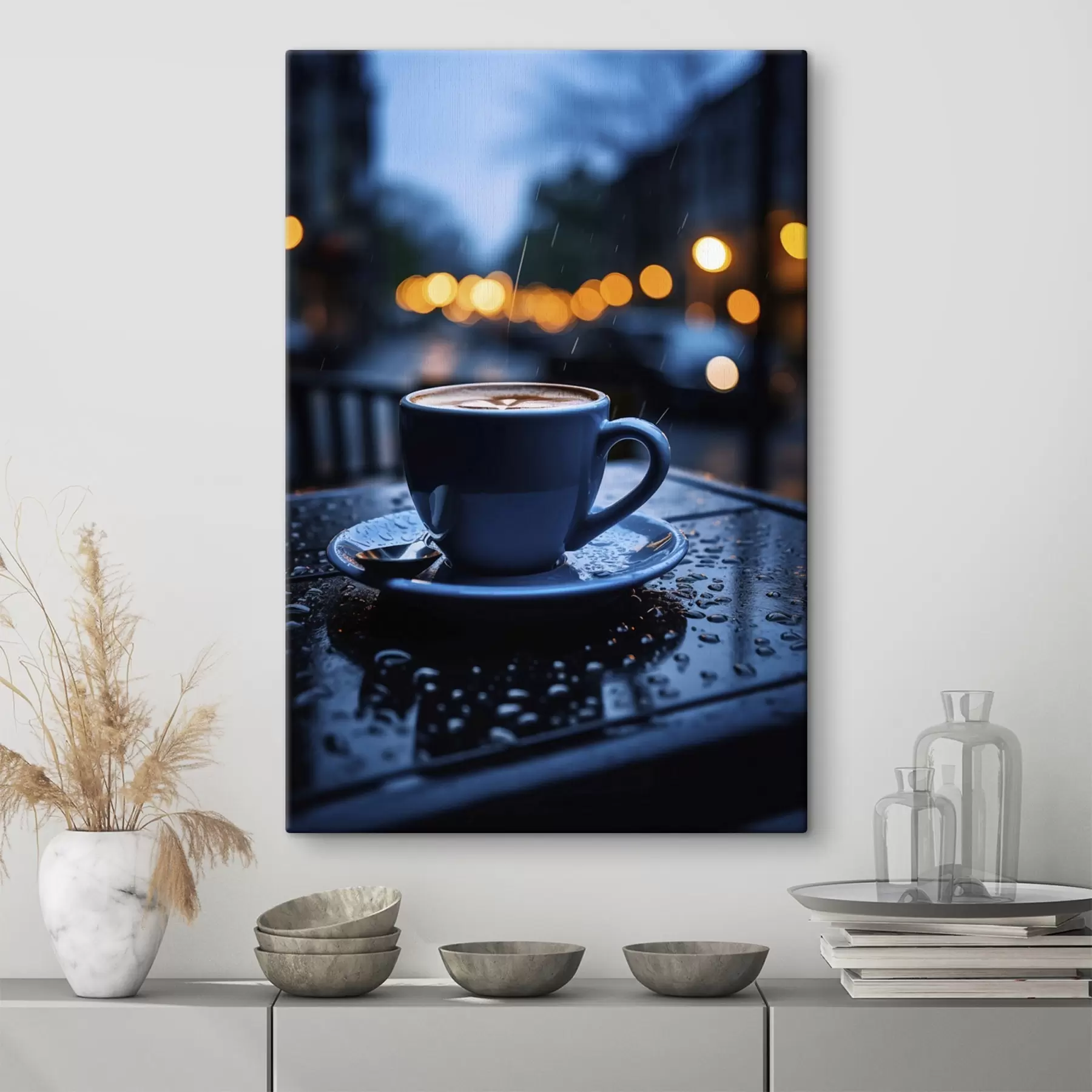 Tableau Une tasse de café sur la table sous la pluie s45497
