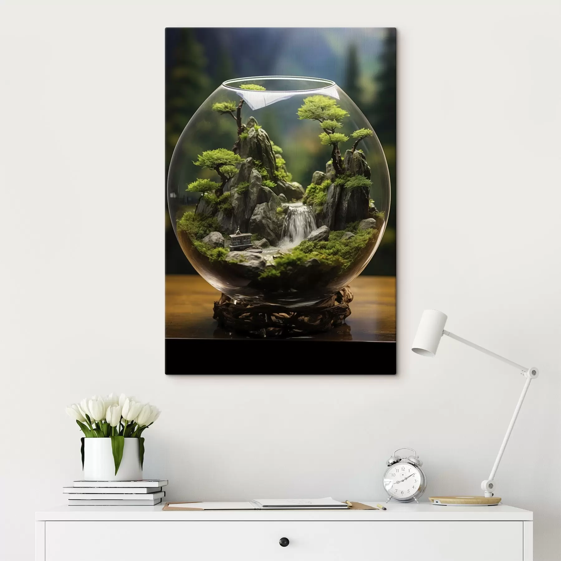 Tableau Paysage miniature avec cascade dans une boule de verre s45502