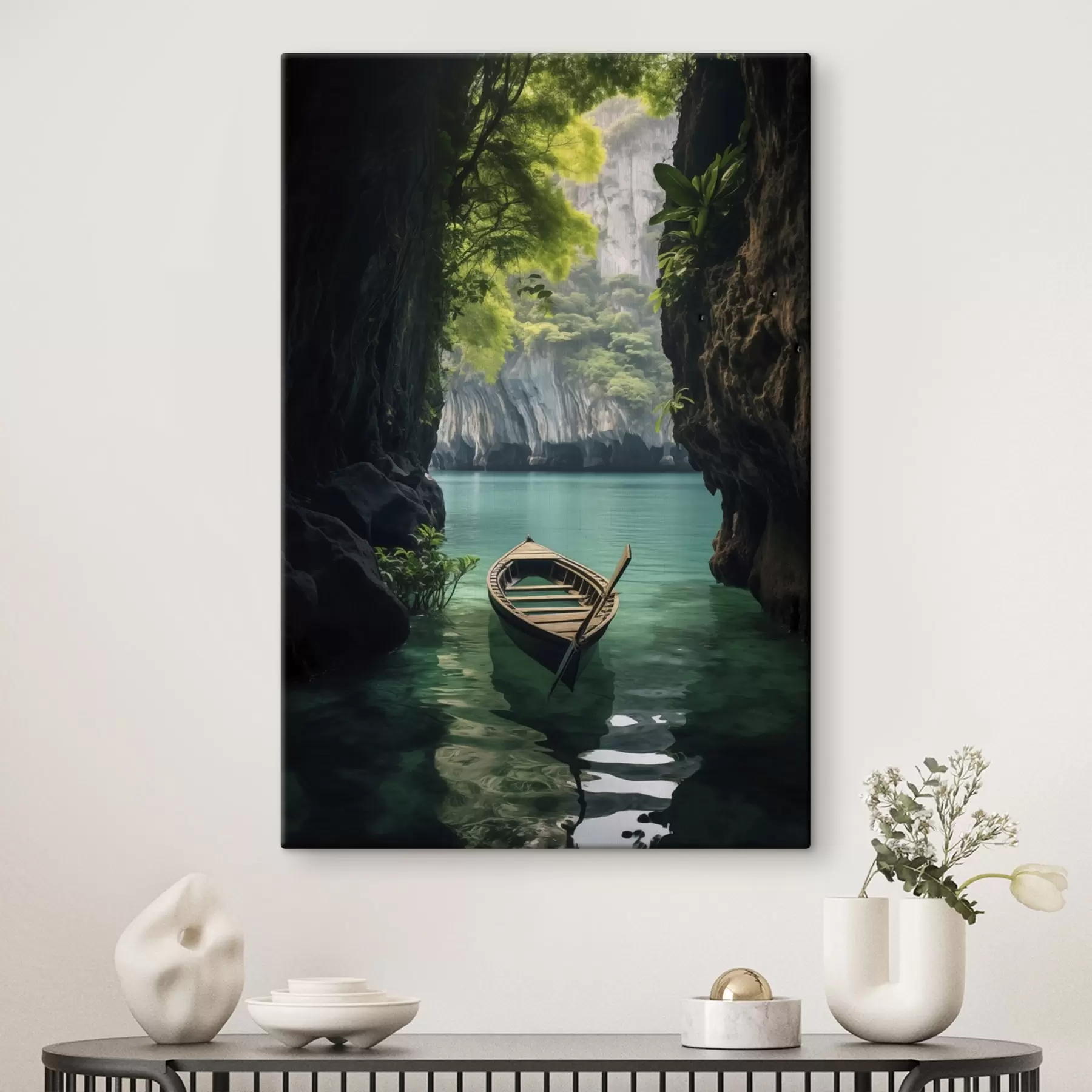 Tableau Bateau sur l'eau turquoise parmi les rochers s45507