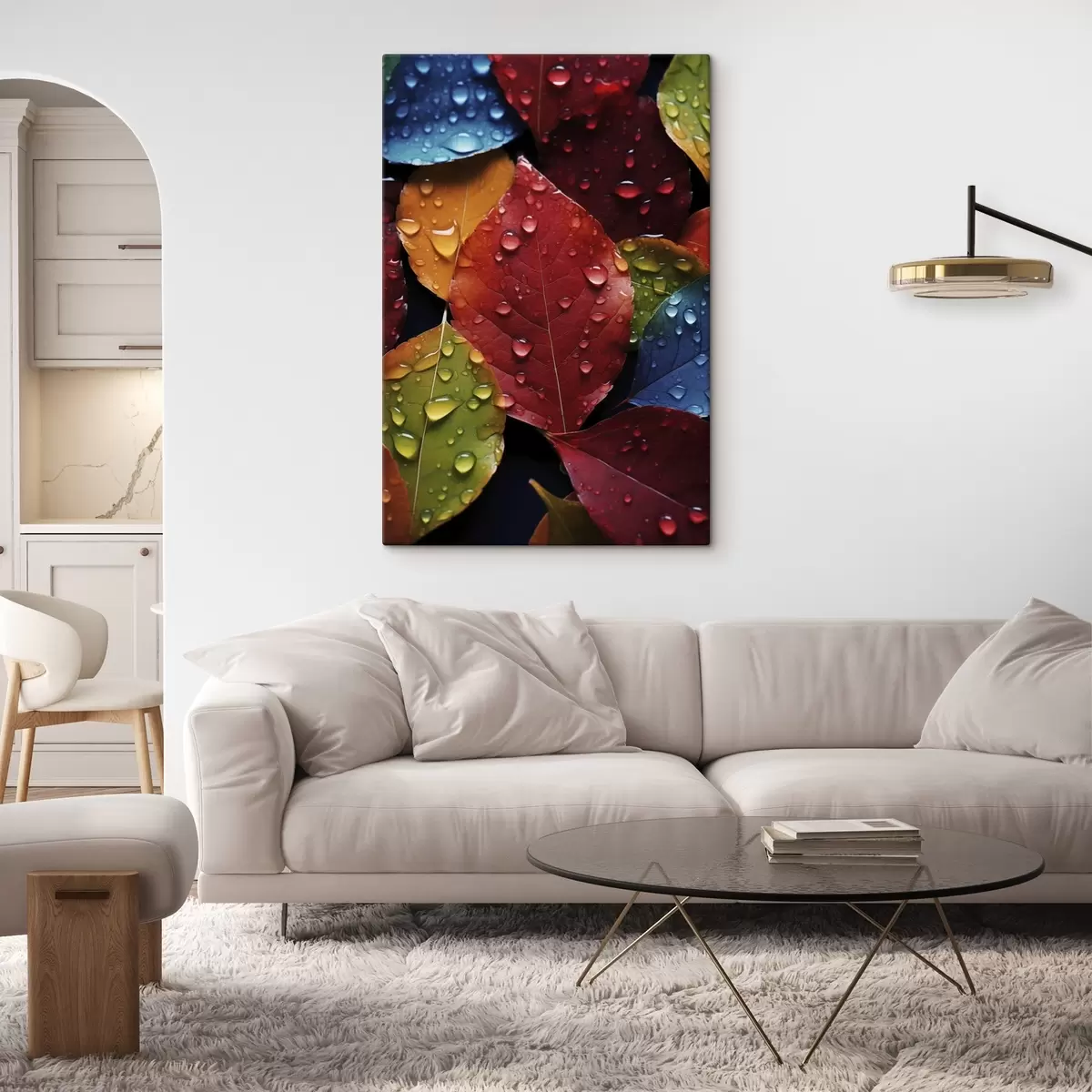 Tableau Feuilles colorées avec des gouttes d'eau s45516