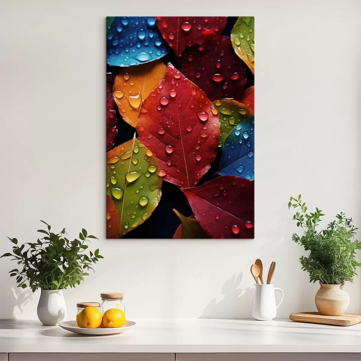 Tableau Feuilles colorées avec des gouttes d'eau s45516