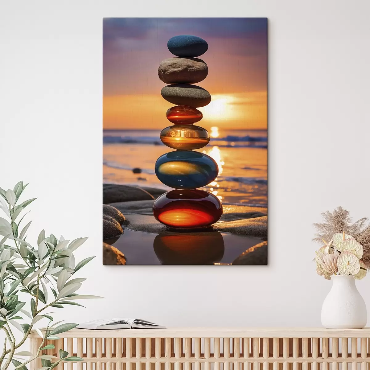 Tableau Pierres empilées sur fond de coucher de soleil s45520