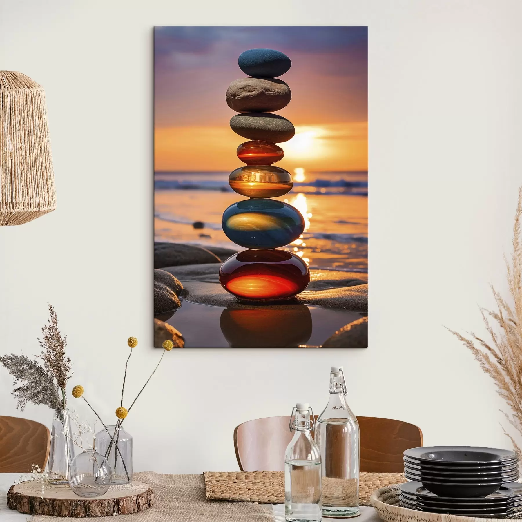 Tableau Pierres empilées sur fond de coucher de soleil s45520