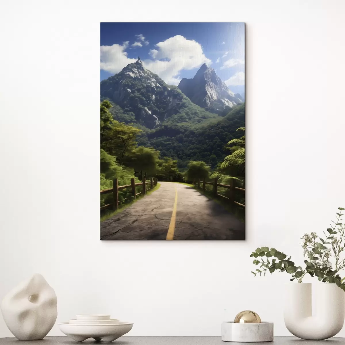 Tableau Route de montagne parmi les arbres verts s45525
