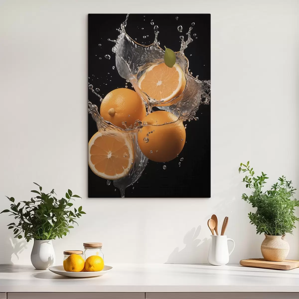 Tableau Des oranges juteuses dans des éclaboussures d'eau s45526