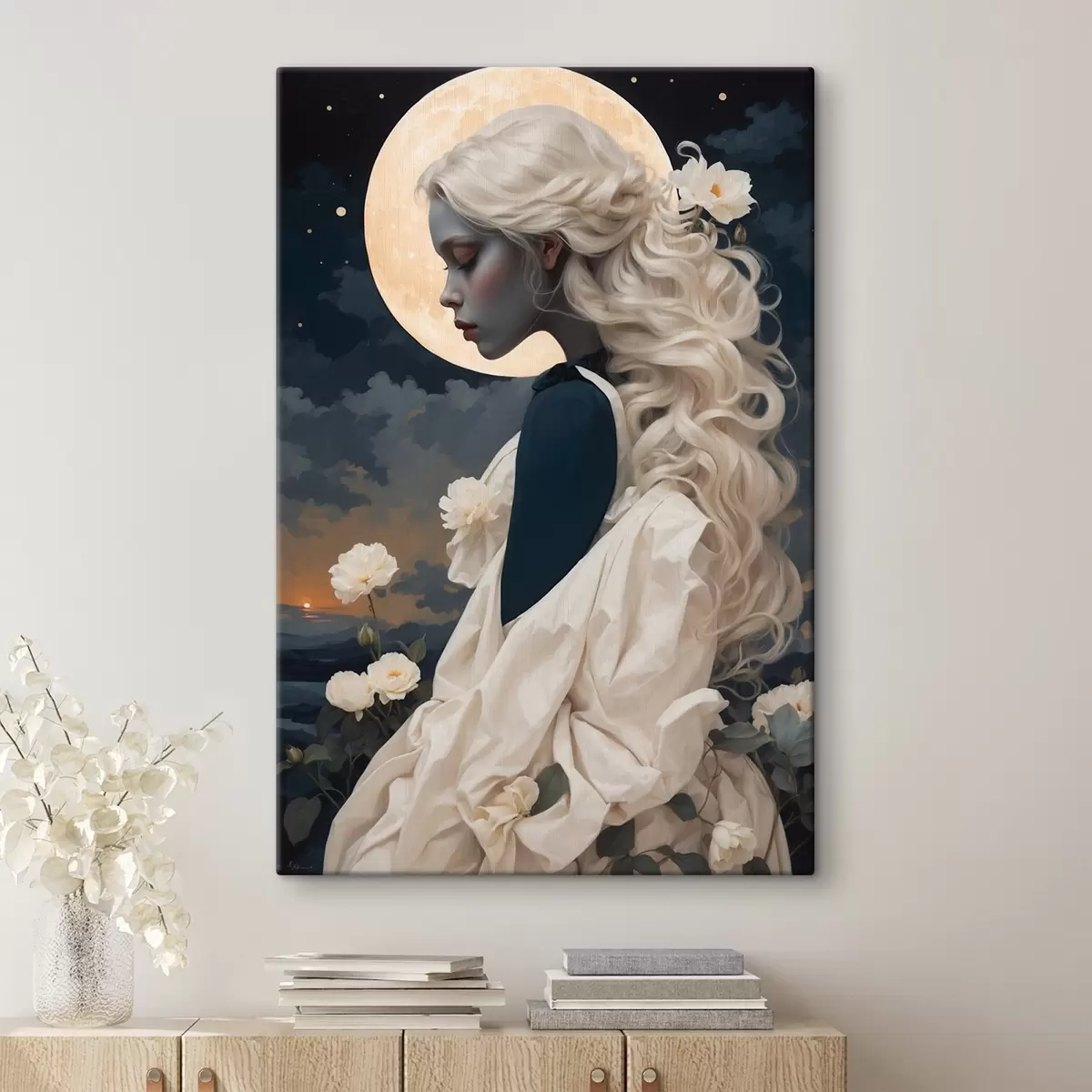 Tableau Femme aux cheveux blancs sous la lune s45622
