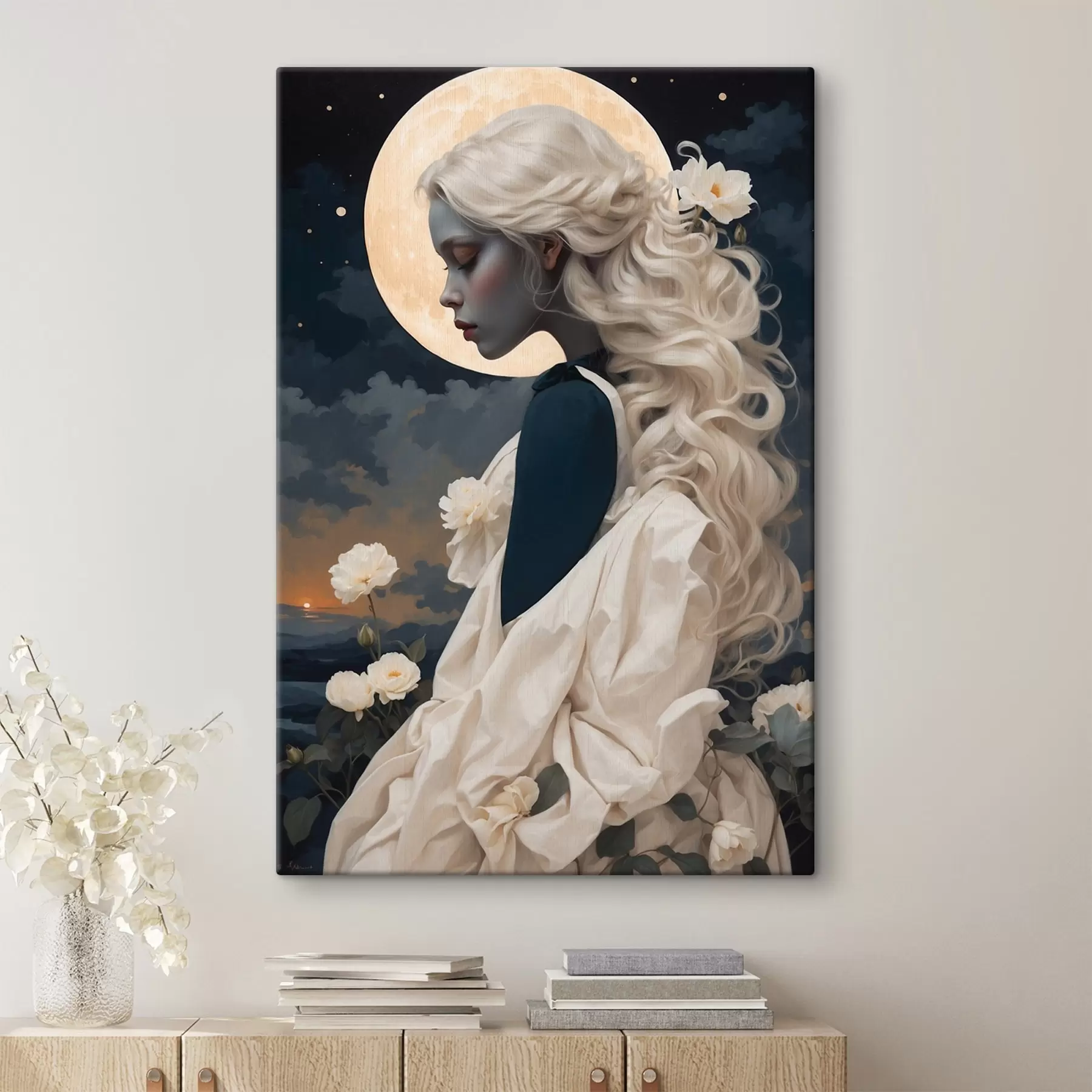Tableau Femme aux cheveux blancs sous la lune s45622