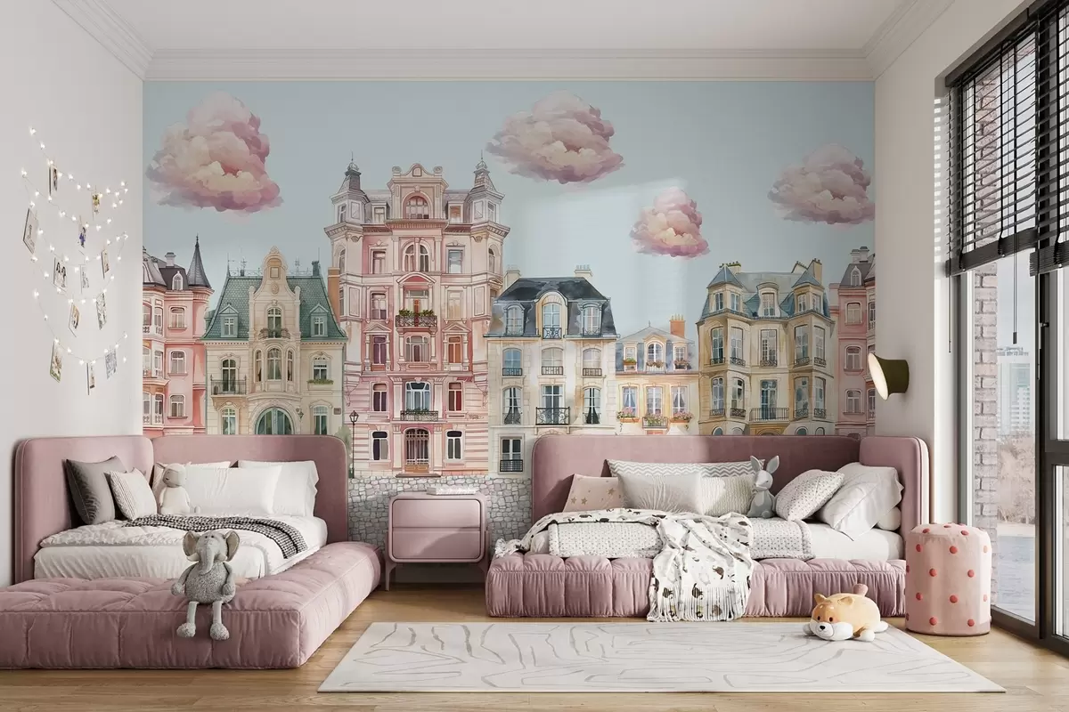 Papier peint Maisons colorées, nuages w04474