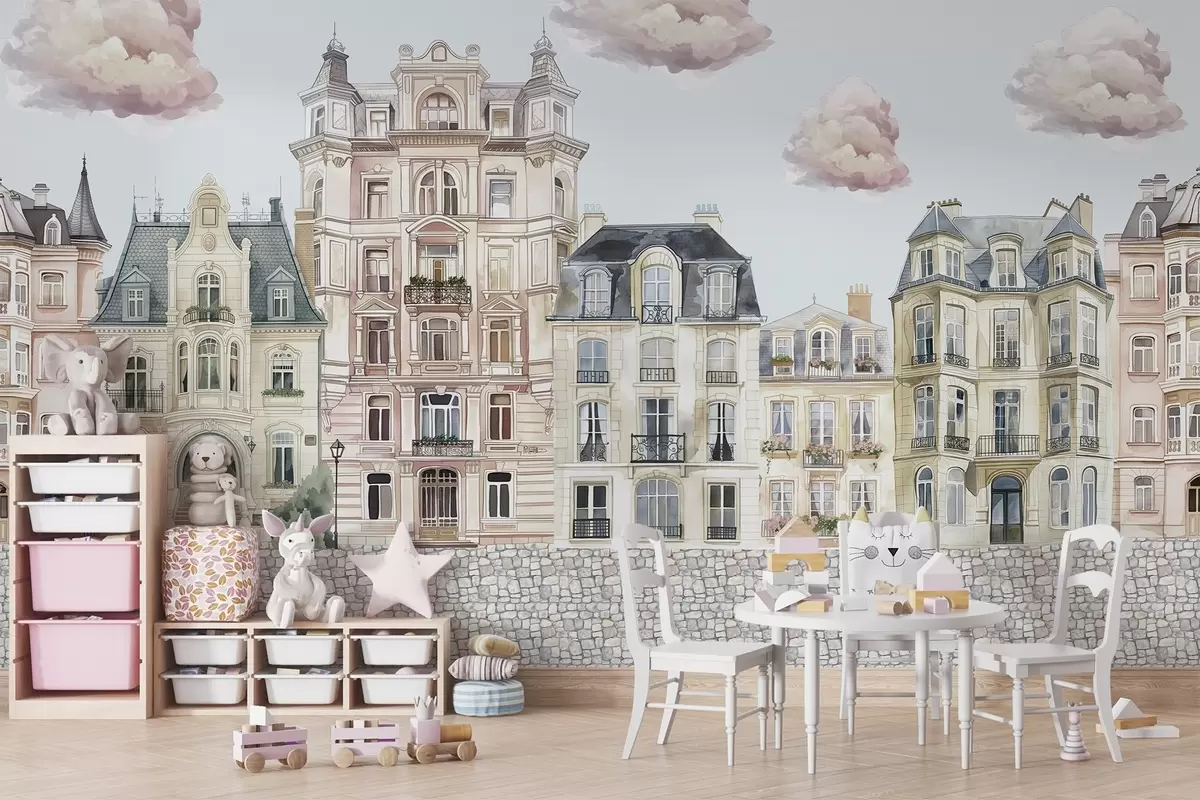 Papier peint Maisons colorées, nuages w04474v1