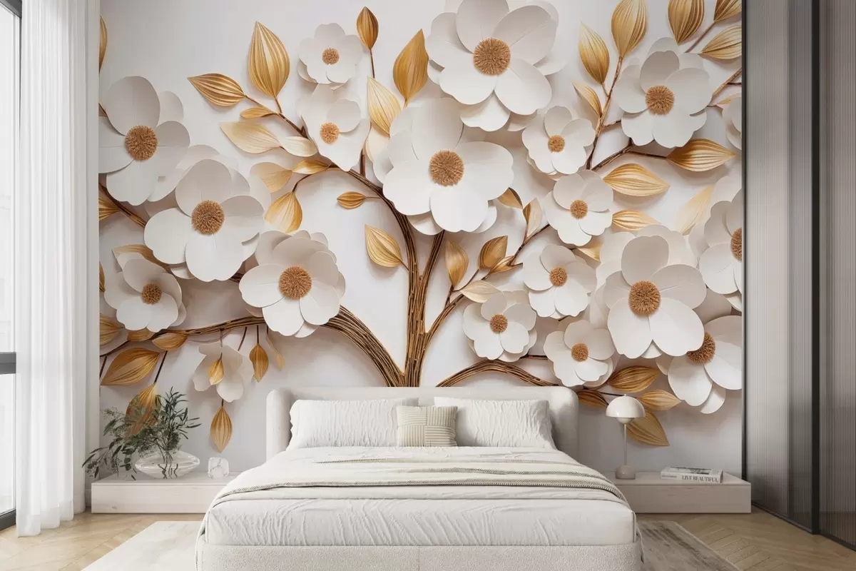 Papier peint Arbre avec fleurs blanches et imitation de feuilles en relief w09348
