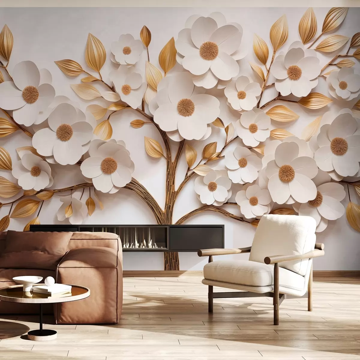 Papier peint Arbre avec fleurs blanches et imitation de feuilles en relief w09348