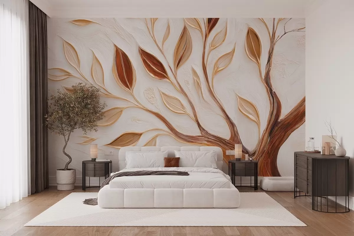 Papier peint Arbre décoratif avec feuilles et imitation d'un fond texturé w09349