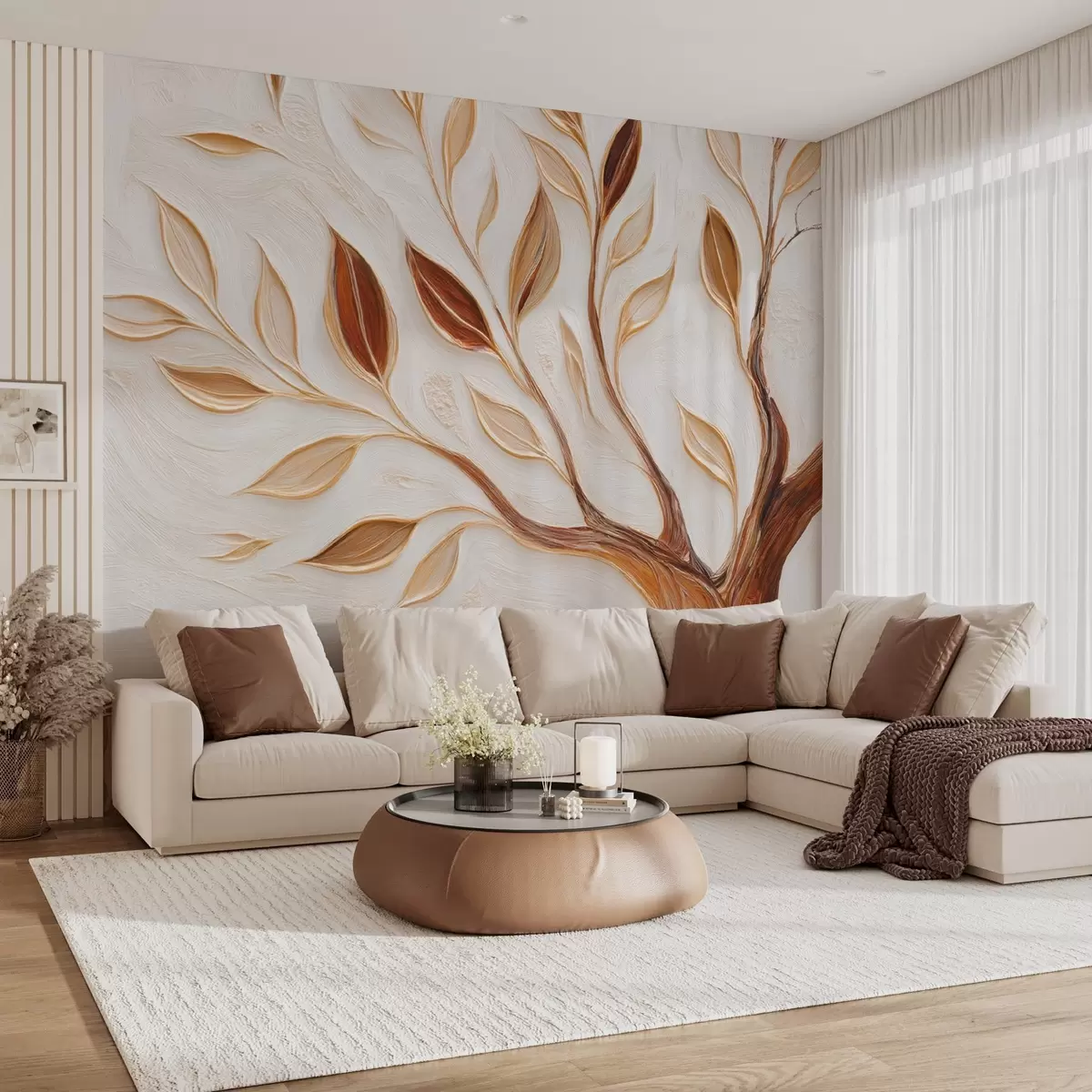 Papier peint Arbre décoratif avec feuilles et imitation d'un fond texturé w09349