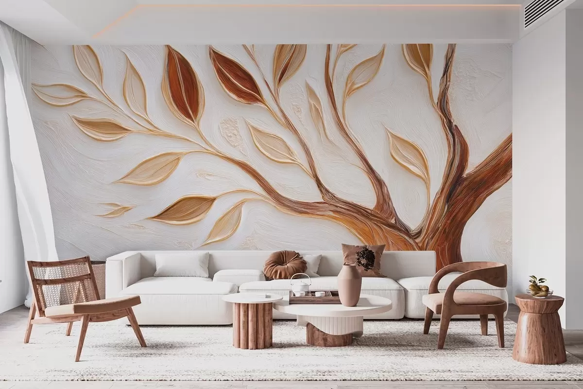 Papier peint Arbre décoratif avec feuilles et imitation d'un fond texturé w09349