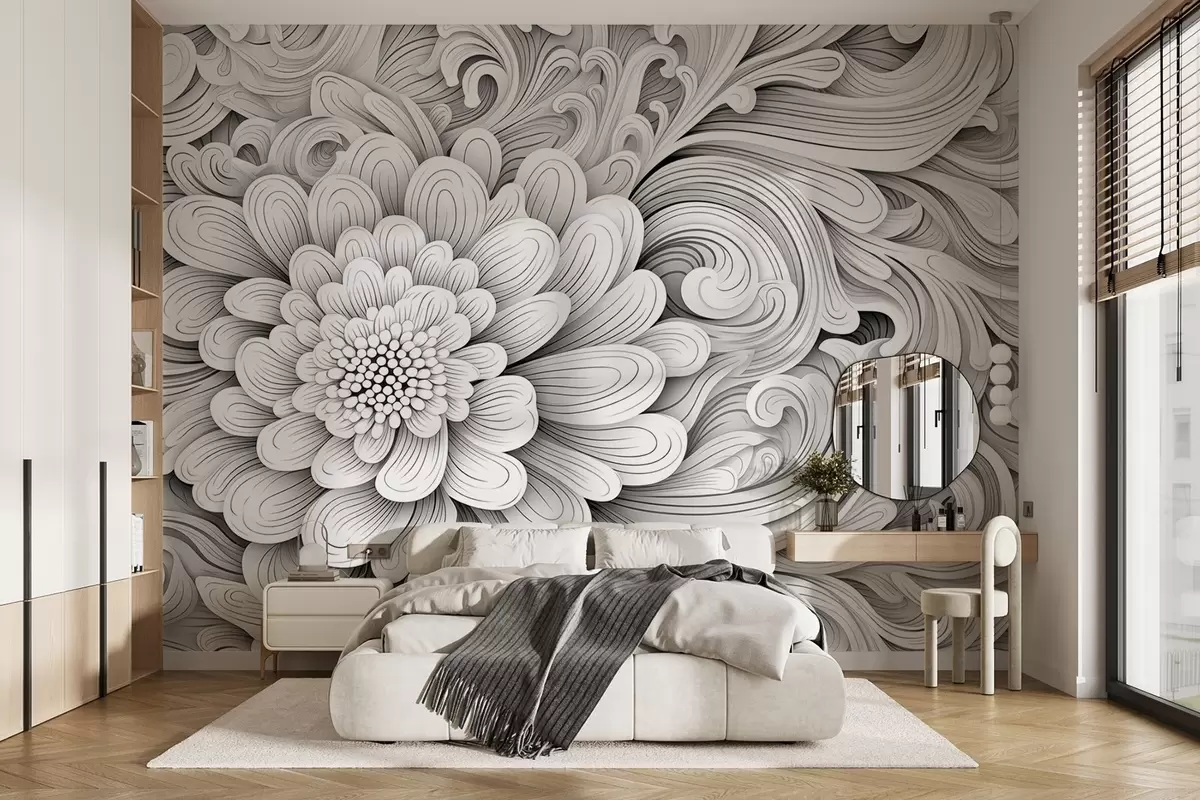 Papier peint Motif décoratif noir et blanc en forme de fleur et de tourbillons w09355