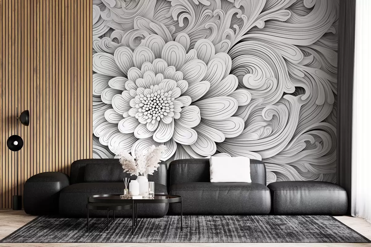 Papier peint Motif décoratif noir et blanc en forme de fleur et de tourbillons w09355