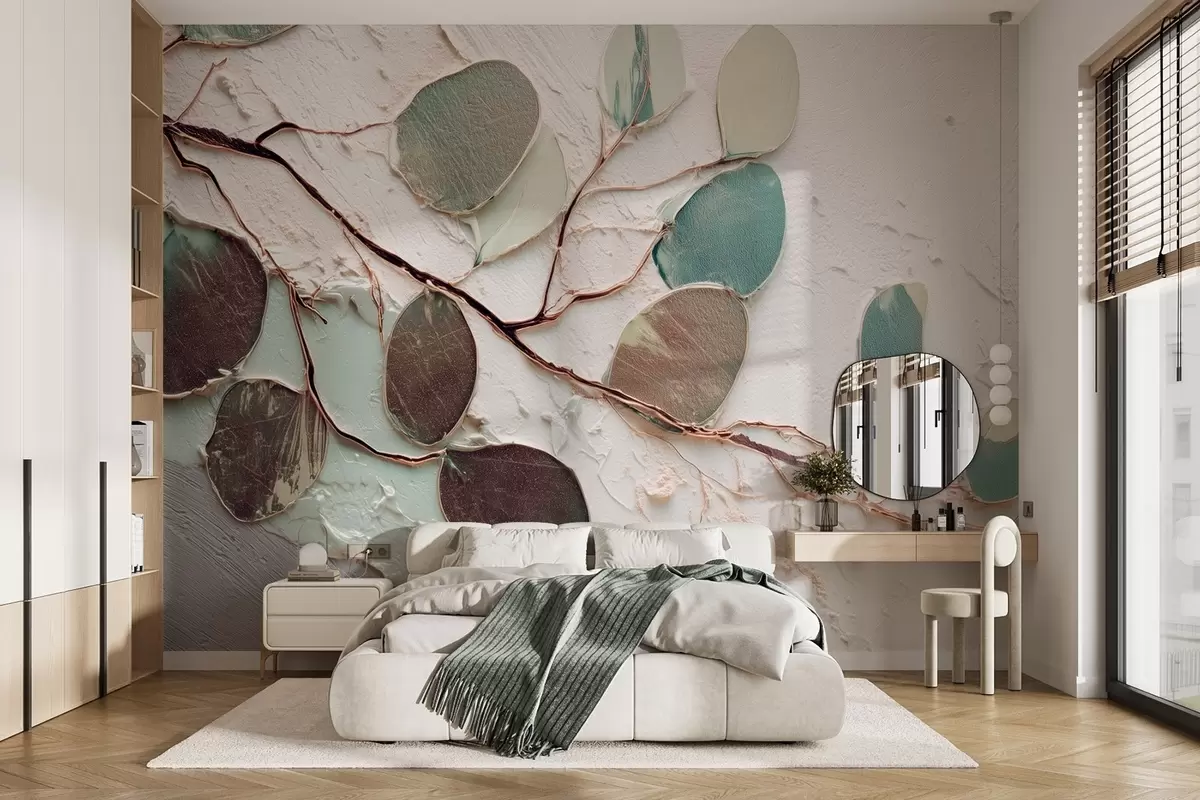 Papier peint Arbre décoratif avec feuilles et imitation d'un fond texturé w09357