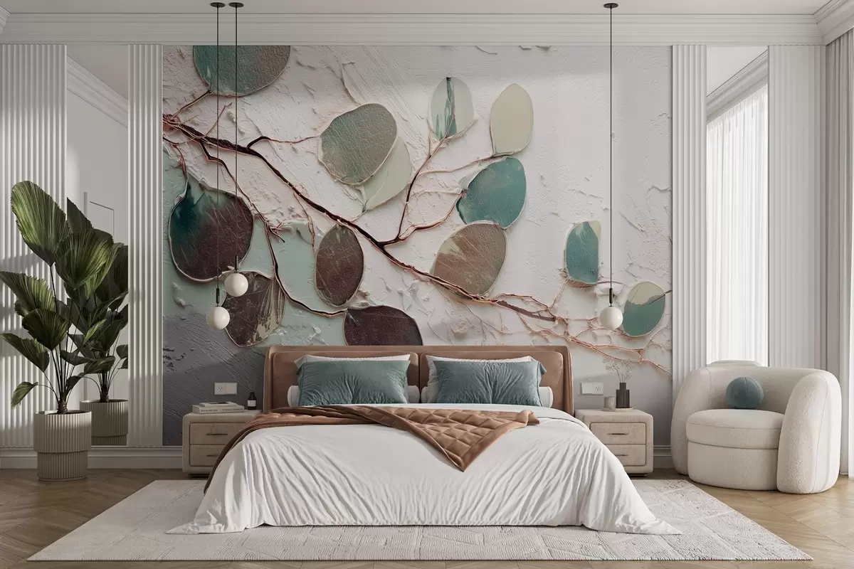 Papier peint Arbre décoratif avec feuilles et imitation d'un fond texturé w09357