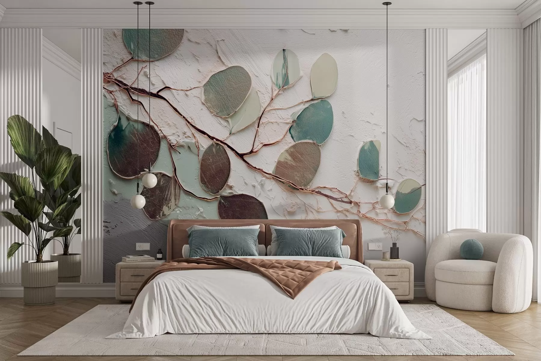 Papier peint Arbre décoratif avec feuilles et imitation d'un fond texturé w09357