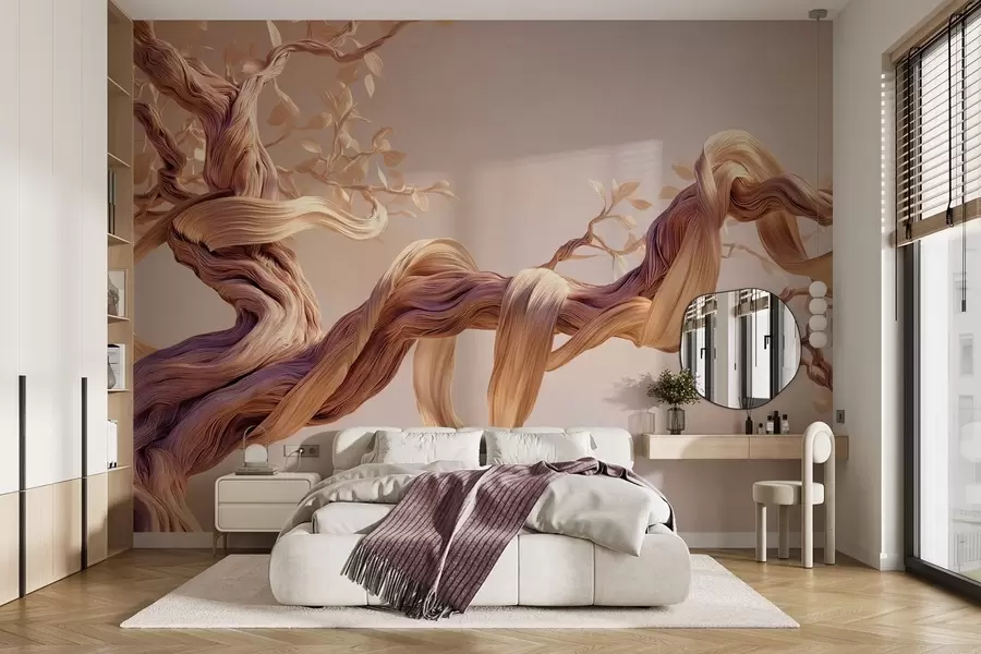 Papier peint Tronc d'arbre torsadé avec feuilles décoratives w09360